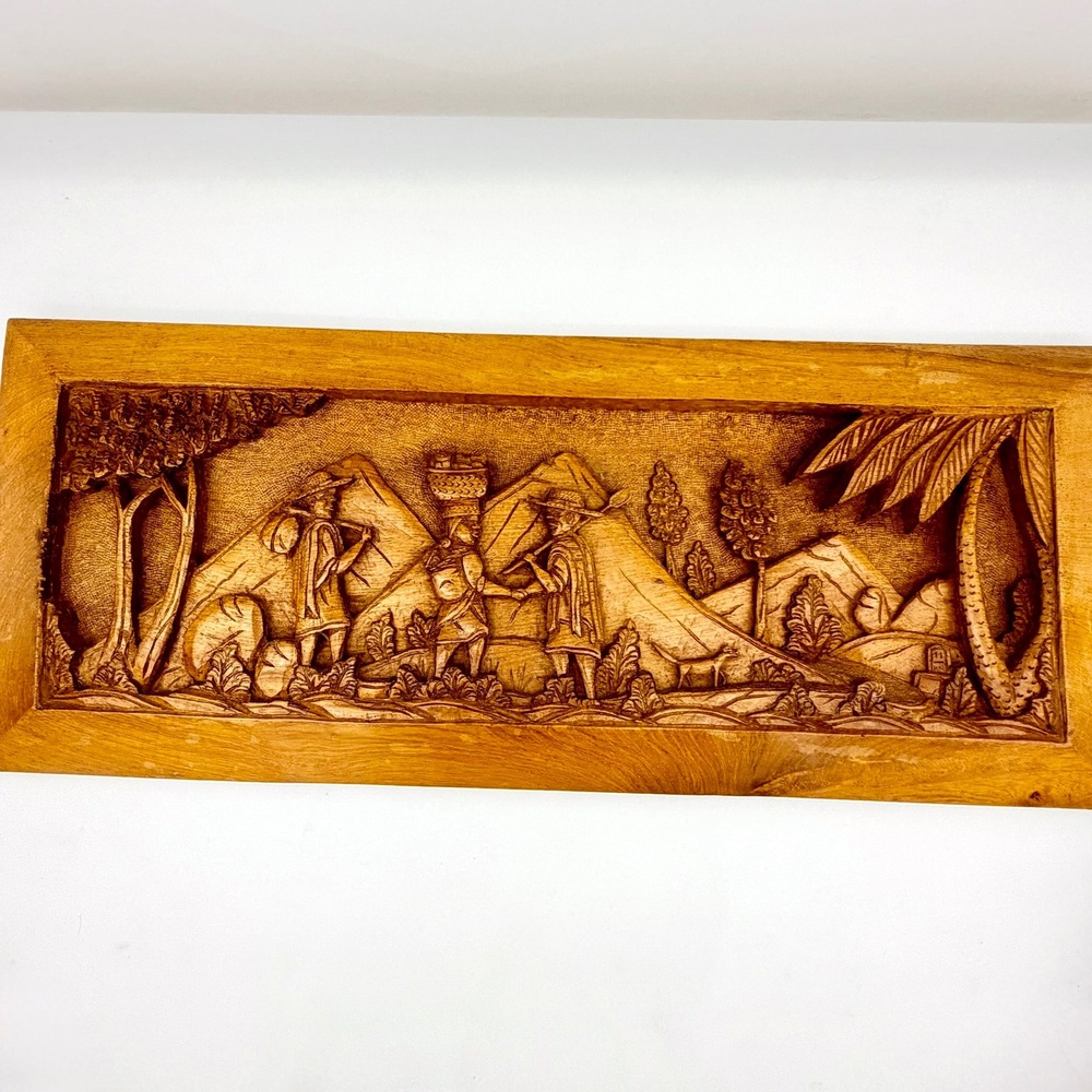 Vintage Madagasikara Wood Carved Relief Panel Wall Art 25in Village Scene Brown